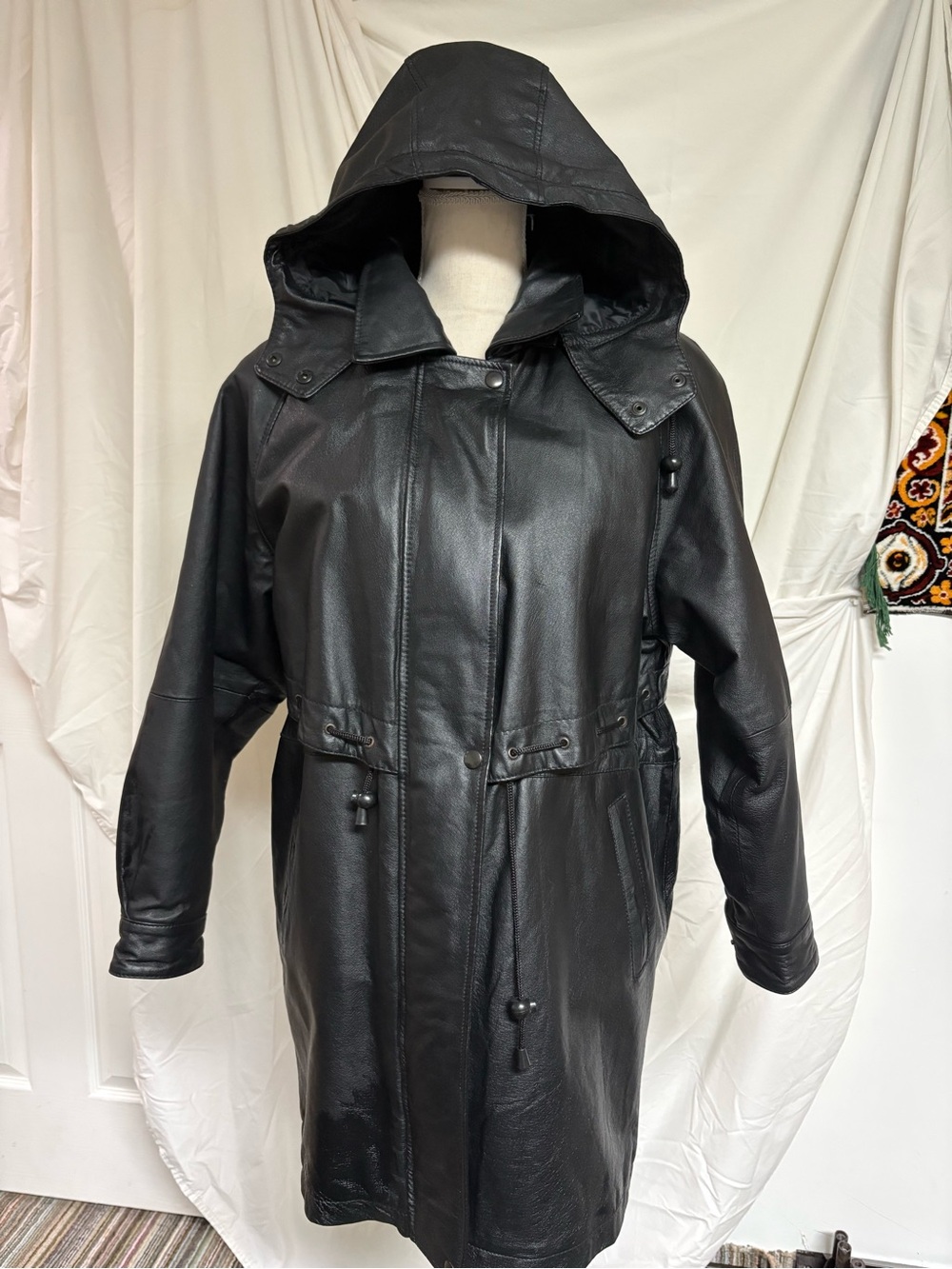 Women's Black Hooded Leather Trench Coat